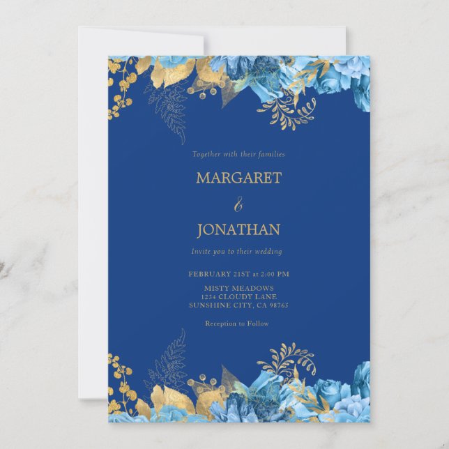 Carte d'invitation de mariage florale bleue et or (Devant)