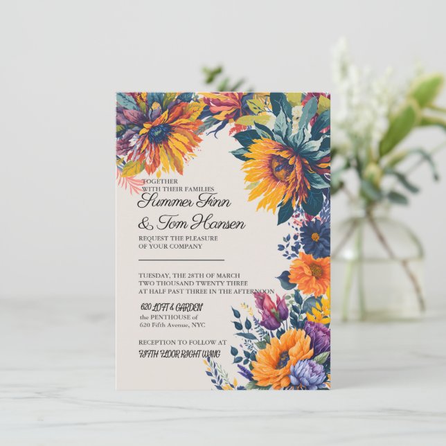 Carte d'invitation de mariage florale d'été modern (Debout devant)