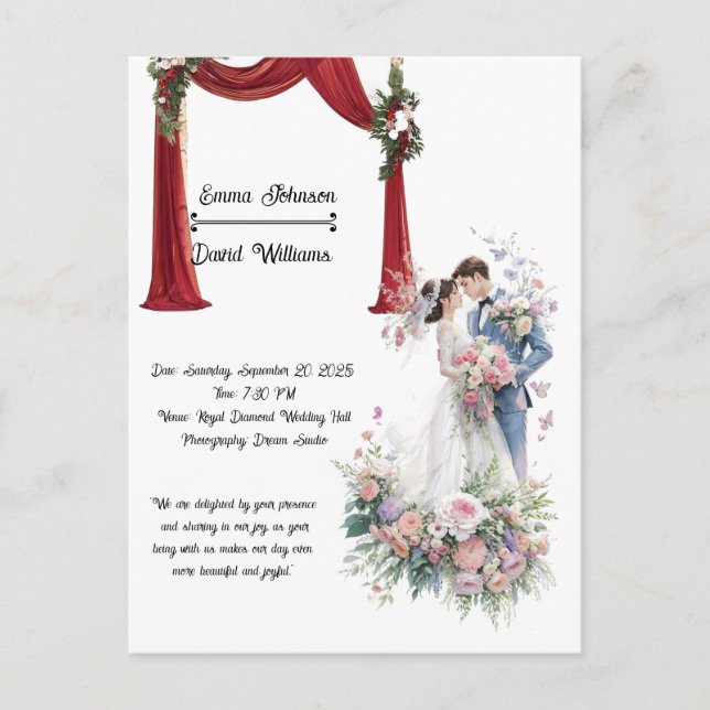 Carte d'invitation de mariage florale élégante – R (Devant)