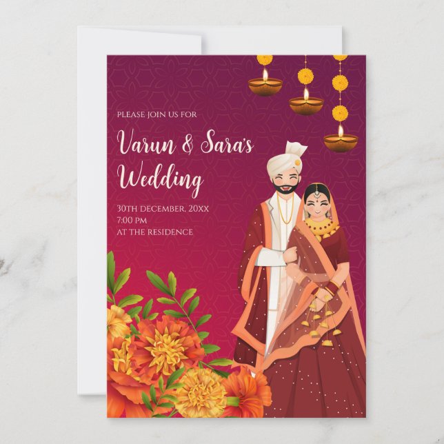 Carte d'invitation de mariage hindou numérique ind (Devant)