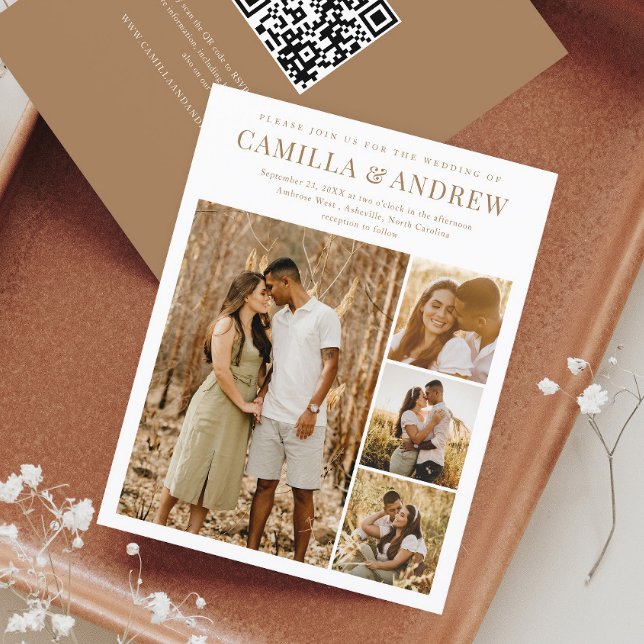 Carte d'invitation de mariage moderne avec QR code (Budget 4 Photo Collage Wedding Invitation with QR Code RSVP on the back.
)