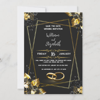 Carte d'invitation de mariage noir et or