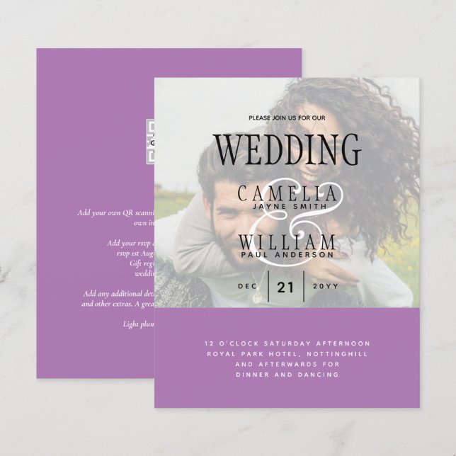 CARTE D'INVITATION DE MARIAGE PHOTO Texte superpos (Devant / Derrière)