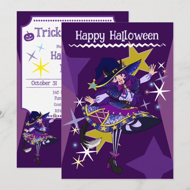 Carte d'invitation de sorcière Neko d'Halloween (Devant / Derrière)