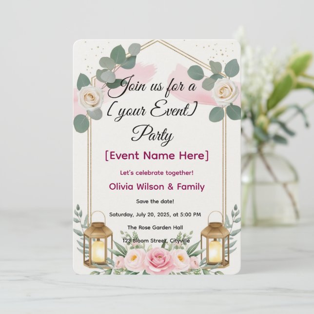 Carte d'invitation Élégante Lanterne Florale (Debout devant)