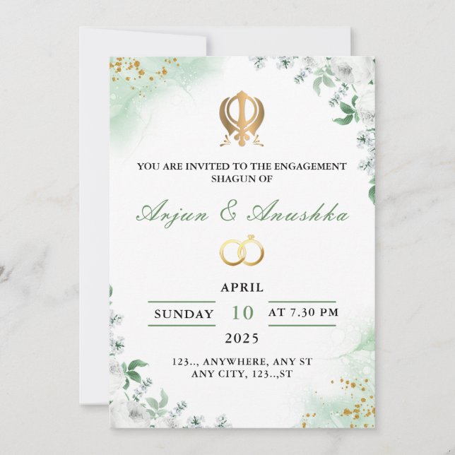 Carte d'invitation Fiançailles Floral Vert & Blanc (Devant)