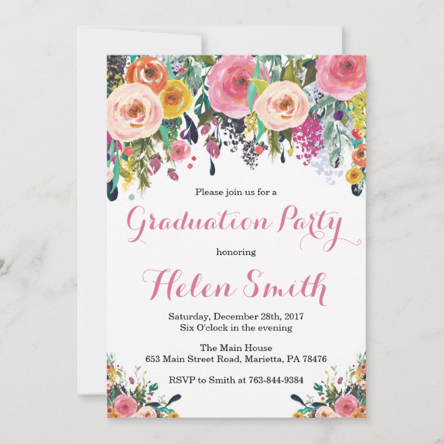 Carte d'invitation Floral Graduation Party (Devant)
