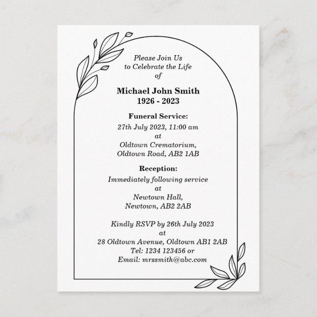 Carte d'invitation funéraire minimaliste personnal (Devant)