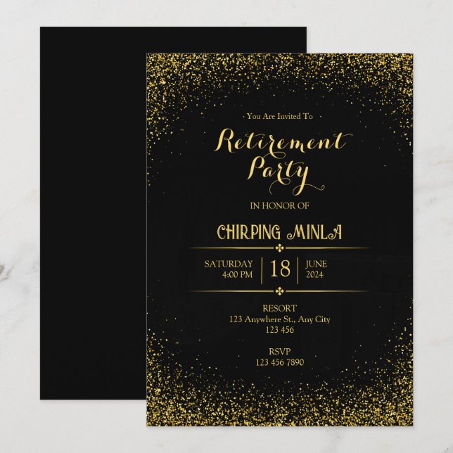 Carte d'invitation Gold and Black Retirement Party (Devant / Derrière)