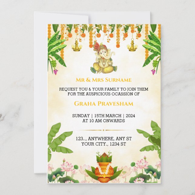 Carte d'invitation Gruh Pravesh indienne, réchauff (Devant)