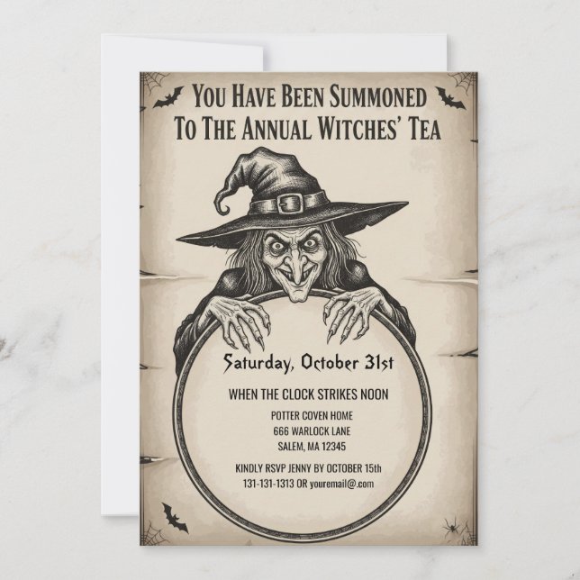 Carte d'invitation Halloween vintage | Sorcière (Devant)