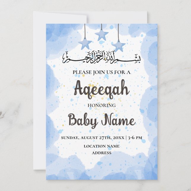 Carte d'invitation Instantanée Bleue Aqeeqah Aqiqa (Devant)