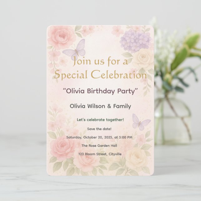 Carte d'invitation Jardin Floral Aquarelle Pastel (Debout devant)