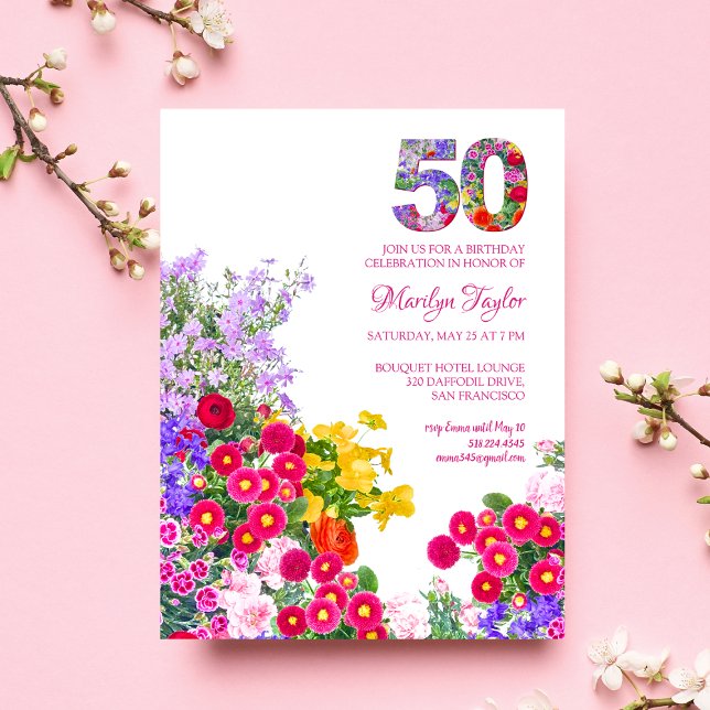 Carte d'invitation moderne florale pour 50e annive (Créateur téléchargé)