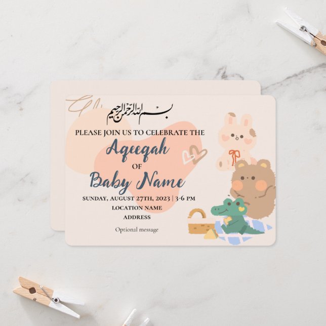 Carte d'invitation moderne Neutre Musulmane Aqiqah (Devant/Arrière en situation)