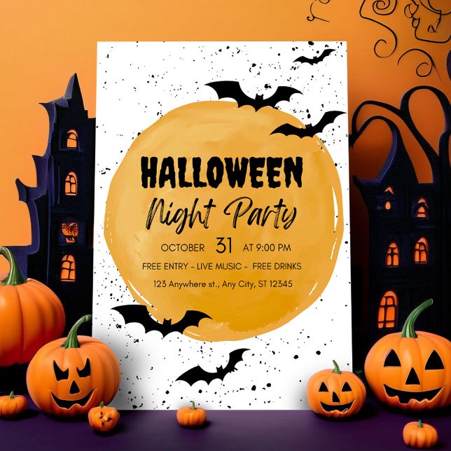 Carte d'invitation modifiable pour une soirée Hall (black halloween bats night party invate orange creepy scary pumpkins)
