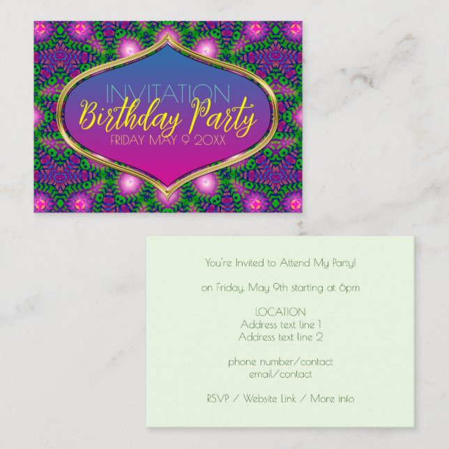 Carte d'Invitation Motif tribal rose vert violet (Devant / Derrière)