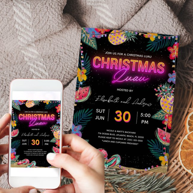 Carte d'invitation Neon Christmas Luau Party (Neon Christmas Luau Party Invitation Card)