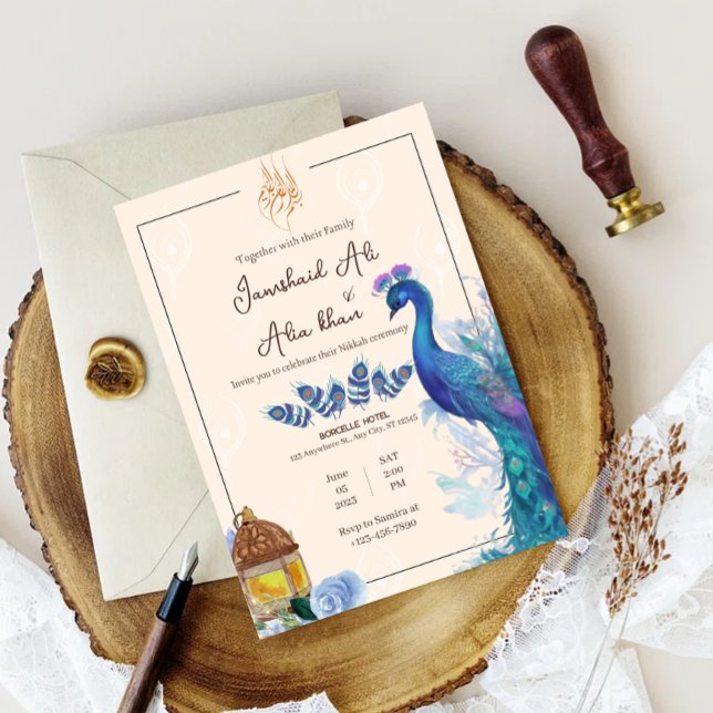 carte d'invitation Nikkah de paon musulman illustr (illustrated peacock nikkah invitation wedding card muslim arabian nikkah nikah)