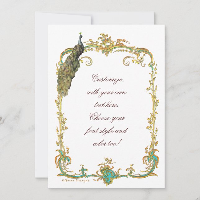Carte d'invitation Paon avec cadre baroque doré (Devant)