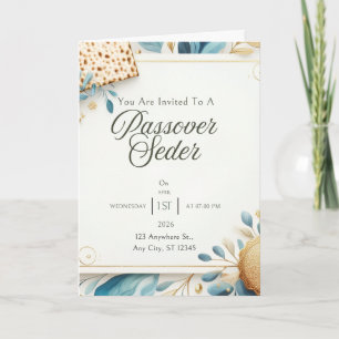 Carte d'invitation Pâque Matzah Bleu Or Floral