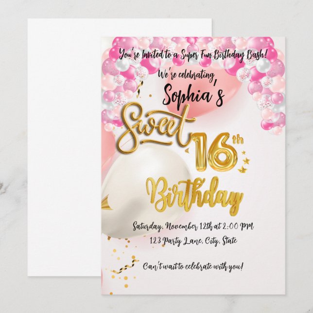 Carte d'invitation personnalisée Sweet 16 Annivers (Devant / Derrière)