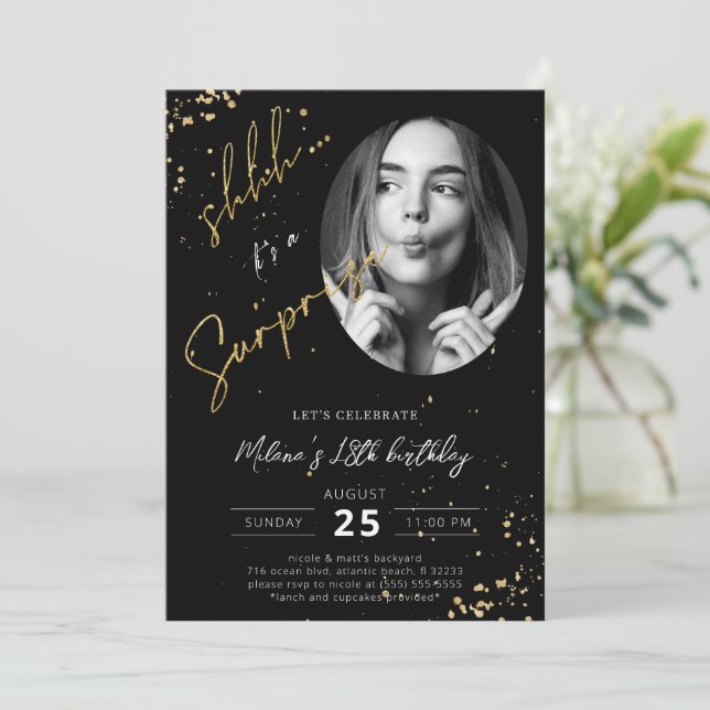 Carte d'invitation photo Black Gold pour anniversa (Debout devant)