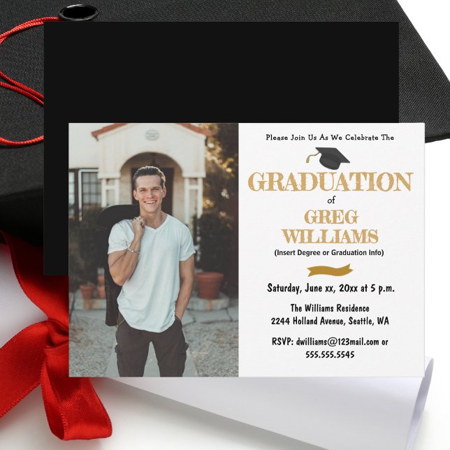 Carte d'invitation photo de la fête de graduation (Graduation Party Photo Invitation Card With Gold Accent)