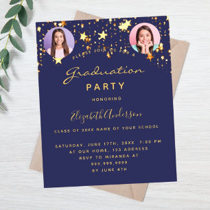 Carte d'invitation photo étoiles dorées bleues pou
