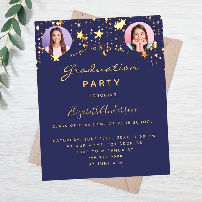 Carte d'invitation photo étoiles dorées bleues pou (Créateur téléchargé)
