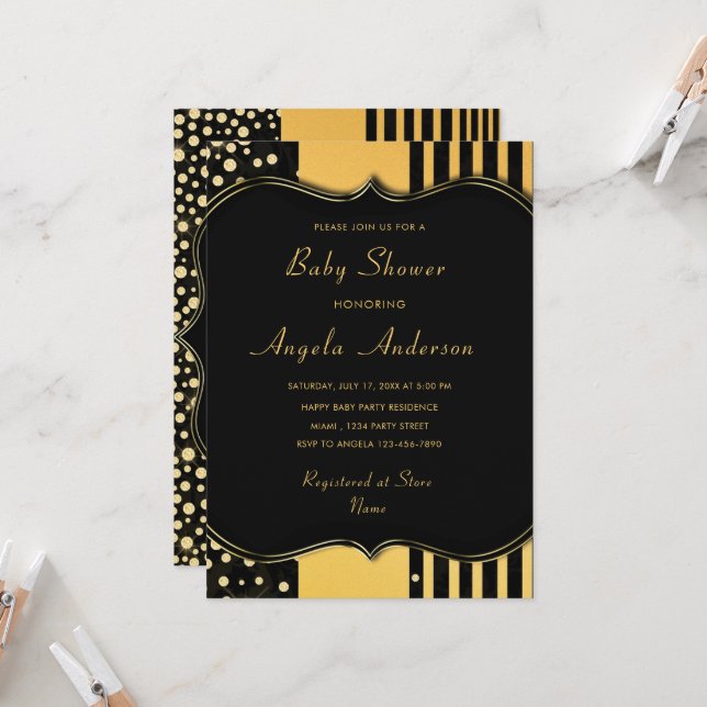 Carte d'invitation pour bébé Black Gold de luxe (Devant/Arrière en situation)