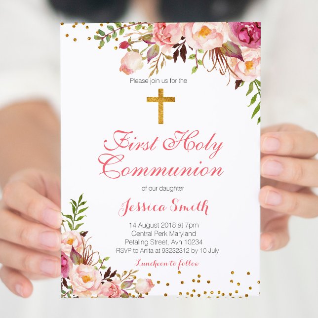 Carte d'invitation pour Christening Fille Florale  (Créateur téléchargé)