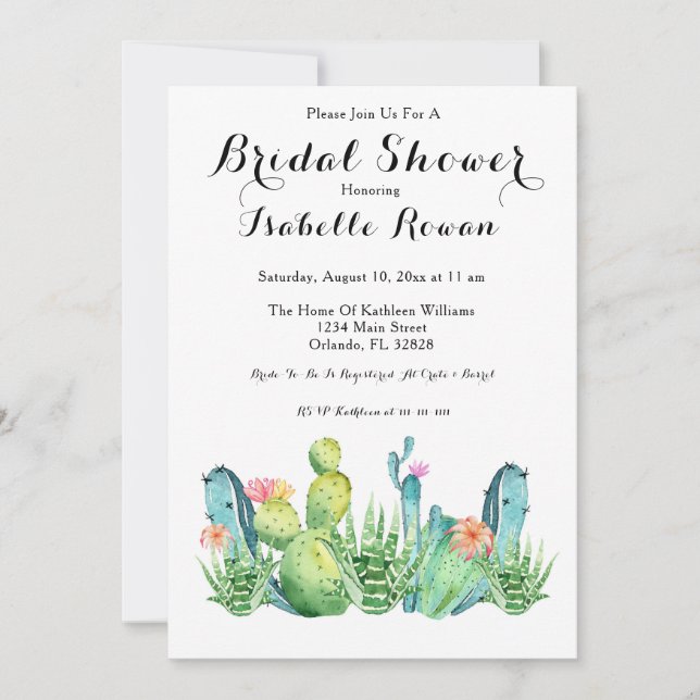 Carte d'invitation pour la douche nuptiale Cactus  (Devant)