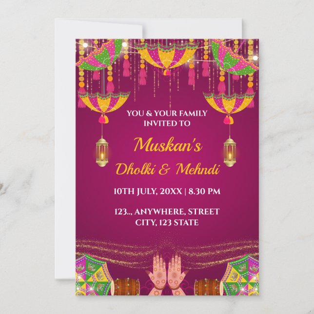 Carte d'invitation pour la soirée Dholki et Mehndi (Devant)