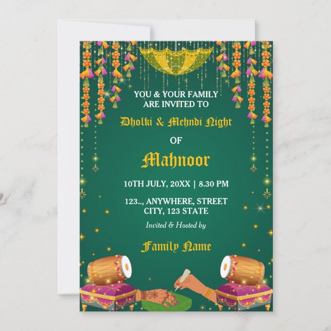 Carte d'invitation pour la soirée Dholki et Mehndi (Devant)