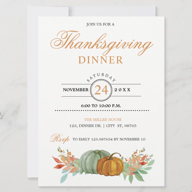 Carte d'invitation pour le dîner de Thanksgiving C (Devant)