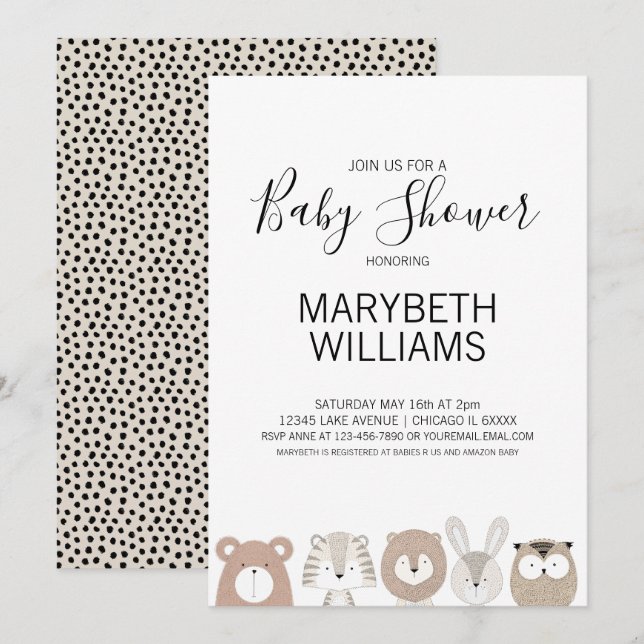 Carte d'invitation pour les animaux mignons Baby s (Devant / Derrière)