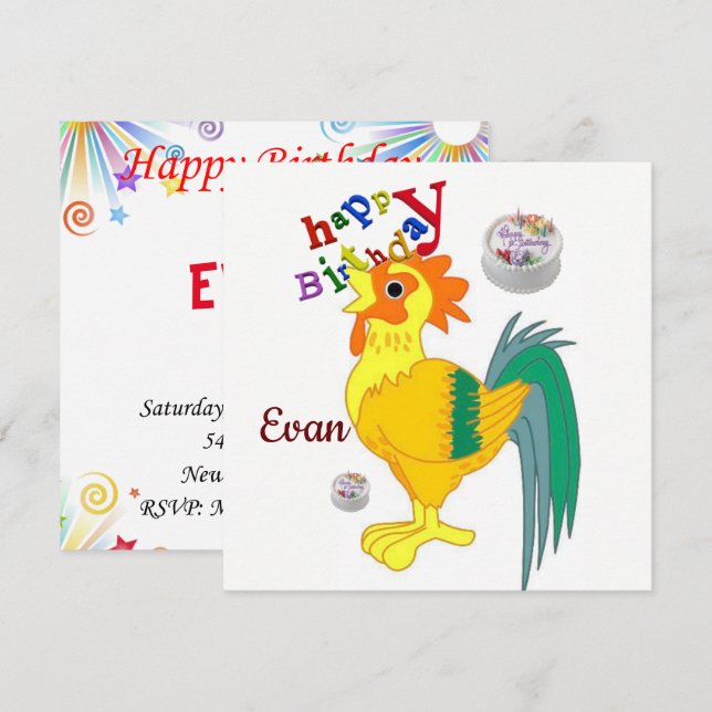 Carte d'invitation pour un joyeux anniversaire Coq (Devant / Derrière)