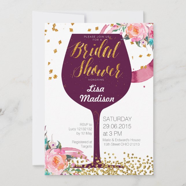 Carte d'invitation pour une douche nuptiale à vin  (Devant)