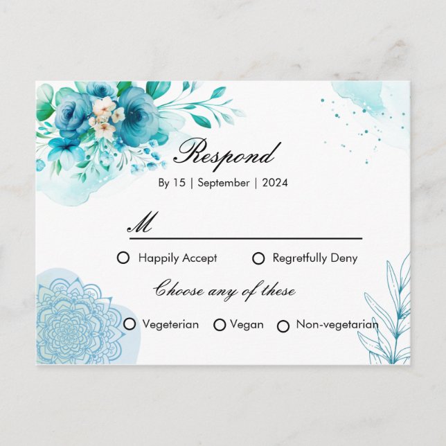 Carte d'invitation RSPV floral bleu pour mariage (Devant)