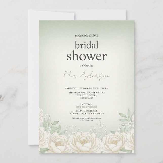 Carte d'invitation Sage Green Peony (Devant)