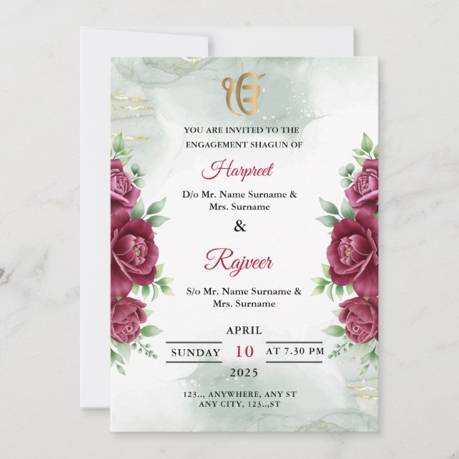 Carte d'invitation Shagun Fiançailles Sikh, carte  (Devant)