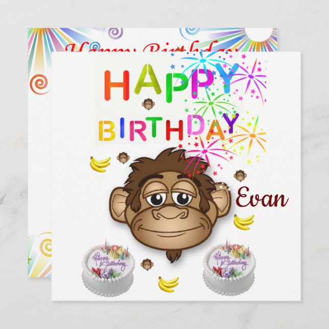 Carte d'invitation singe pour un joyeux anniversai (Devant / Derrière)