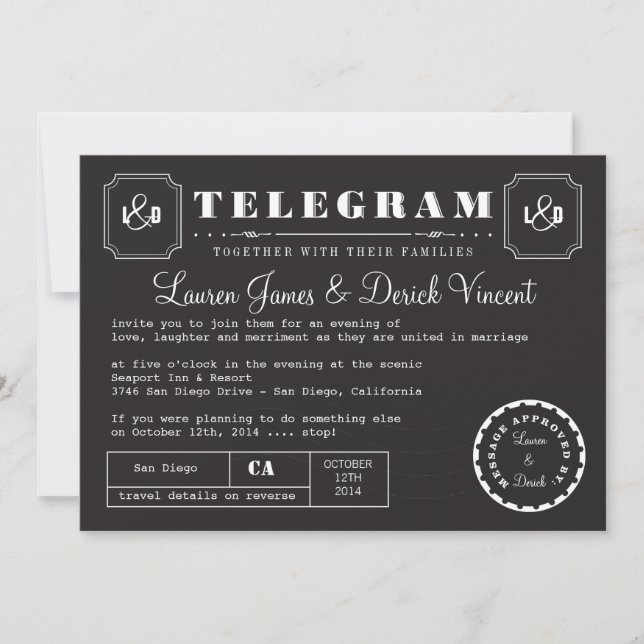 Carte d'invitation Telegram Vintage en noir (Devant)