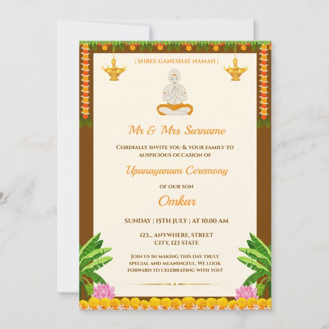 Carte d'invitation Upanayanm, cérémonie du filetag (Devant)