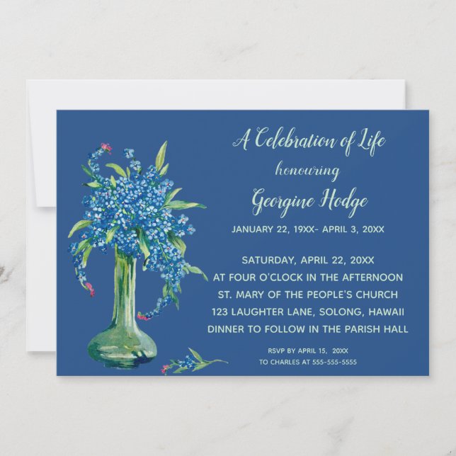 Carte d'invitation vase de myosotis modifiable (Devant)