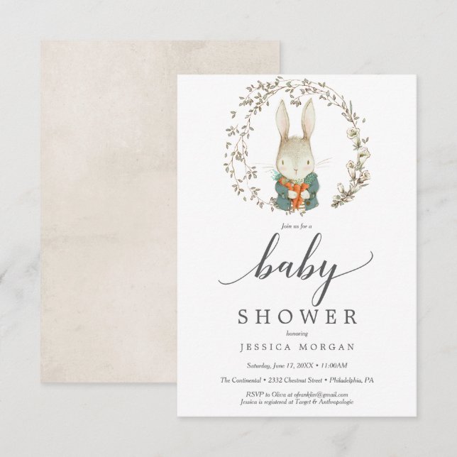 Carte d'invitation vintage pour bébé lapin (Devant / Derrière)