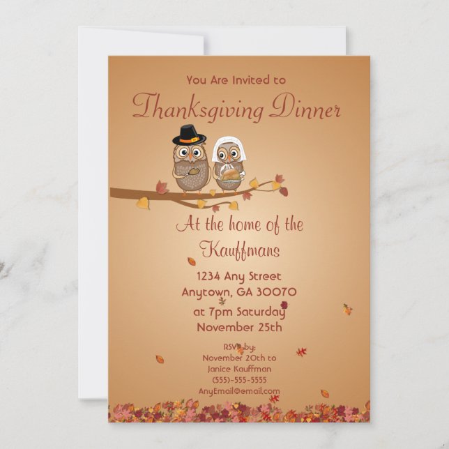 Carte d'invitation Whimsical Thanksgiving Owls (Devant)