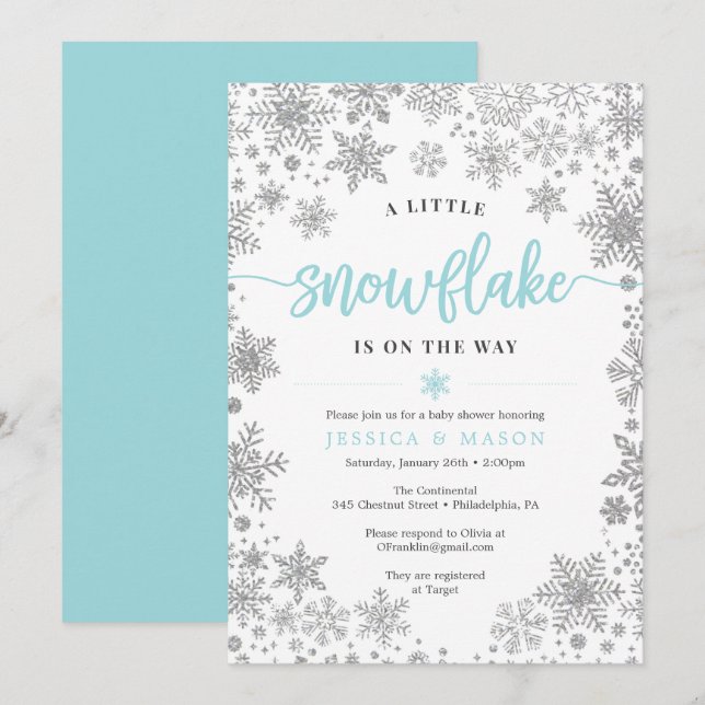 Carte d'Invitations du Baby shower Snowflake hiver (Devant / Derrière)