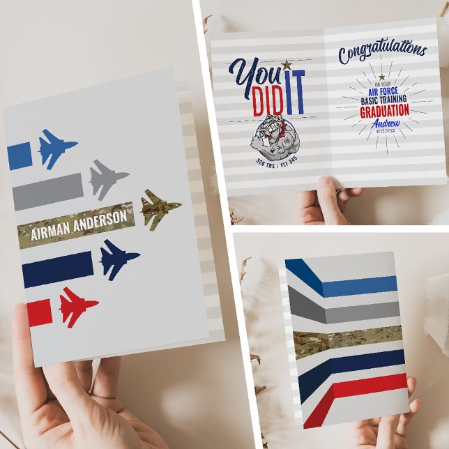 Carte Diplôme d'instruction de base de la Force aérienne (Air Force Basic Training BMT Graduation Card 326 TRS Bulldogs Jet Flight Formation front inside back)